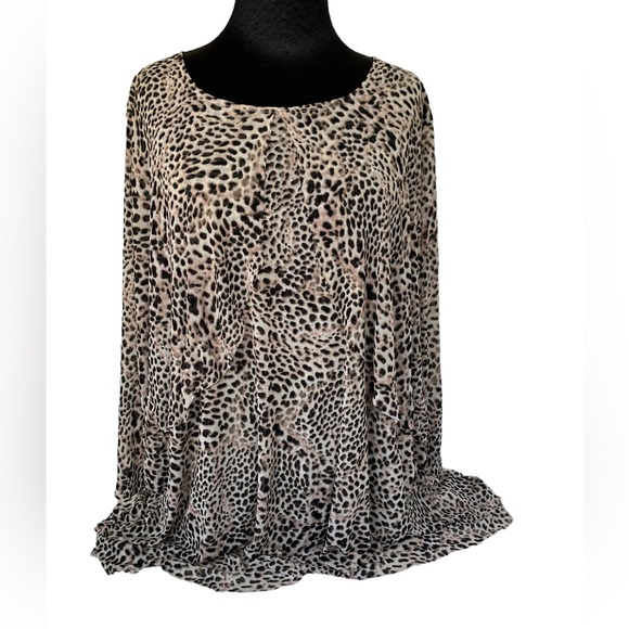 Emailine Woman Leopard Pattern Black Cream Silky Feel Layered Tunic Top 1X - Picture 3 of 6
